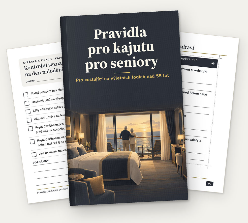 Obálka: Pravidla pro kajutu – příručka pro seniory na plavbách, se dvěma stránkami k tisku