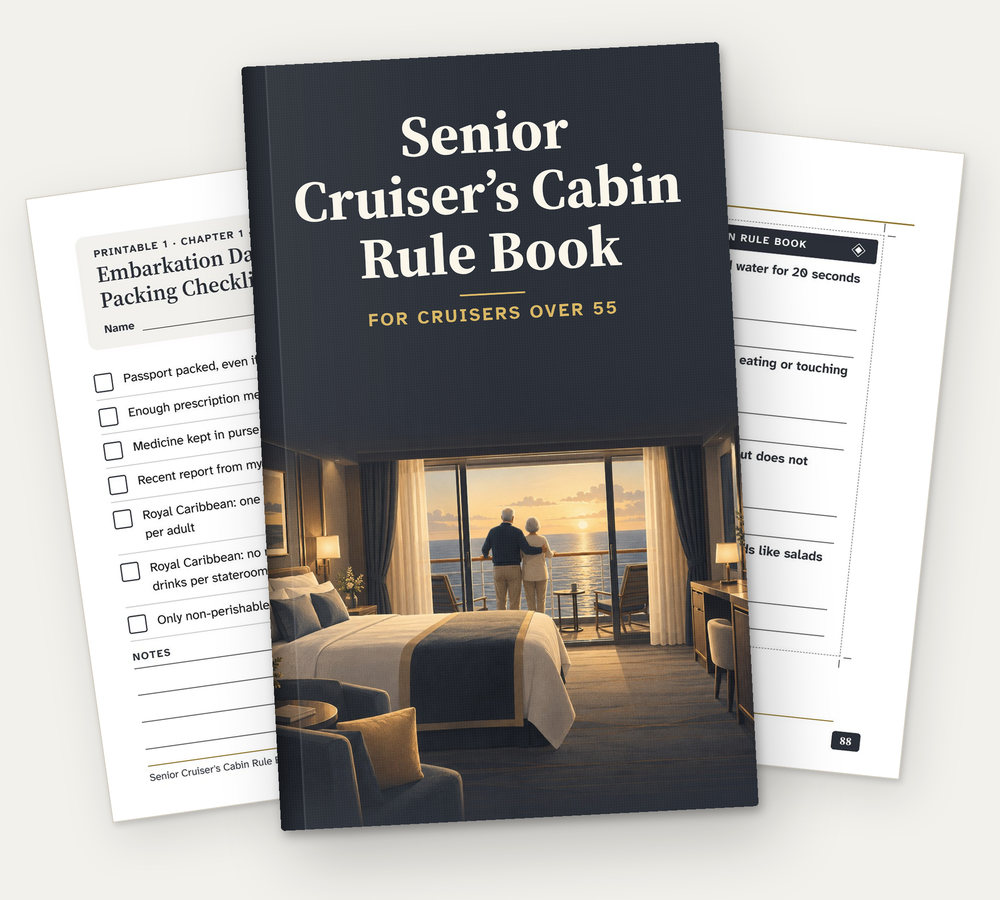The cover of The Senior Cruiser's Cabin Rule Book, with two of its printable pages